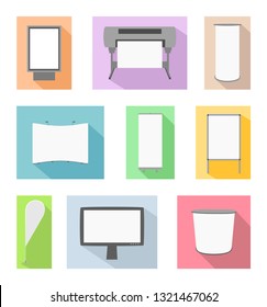 Vector set of flat advertising, promo and printing icons. Pop up wall, portable event bar table, sandwich, roll up banner, feather beach flag, citylight lightbox, inkjet plotter and lcd monitor.