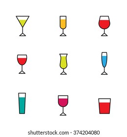 Vector set of flat alcohol glasses icon: glass of martini, glass of white wine, red wine glass, champagne glass, brandy glass, whiskey glass, cocktail glass. Line icon and solid icon. Glass for bar