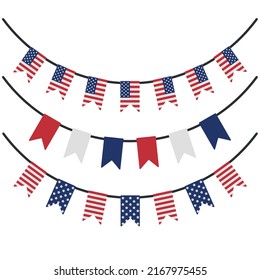 Vector set of flat American USA flag garland isolated on white background