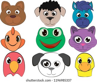 Vector set of flat animal heads in flat minimalism style. Isolated on white background.