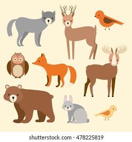 vector set of flat animals. forest dwellers. wolf, fox, deer, elk, bear, rabbit, owl, bird. on an isolated background. zoo cartoon set.
