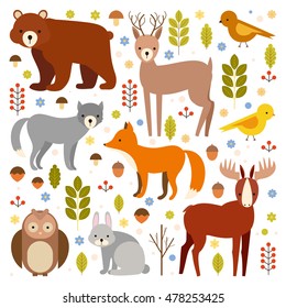 vector set of flat animals. forest dwellers. wolf, fox, deer, elk, bear, rabbit, owl, bird. on an isolated background. zoo cartoon set. plants, berries, mushrooms, fruit