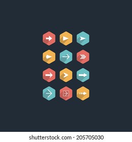 Vector set of flat arrow icons. UI and UX for navigation via internet using browser, buttons back and next (forward). 