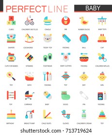 Vector set of flat Baby care, toy, clothes and feeding icons.