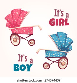 Vector set of flat baby girl and boy carriage .