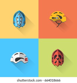 Vector set of flat bicycle helmets with long shadow on the color background.