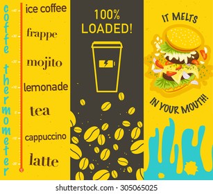 Vector set of flat bright colored tasty banners with coffee and sandwich icons and text message. Good template for poster, placard or flyer design.