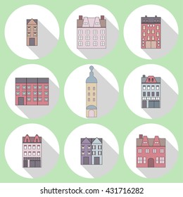 Vector set of flat buildings. Vector icons of colorful townhouses. Vector isolated icons.
