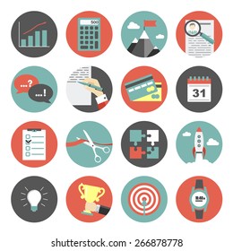 Vector set of flat business icons isolated. Office sign collection. Technology, chart, paper, concept, idea, calendar, calculator, flag on mountain, credit card, puzzle, rocket, trophy, clock 