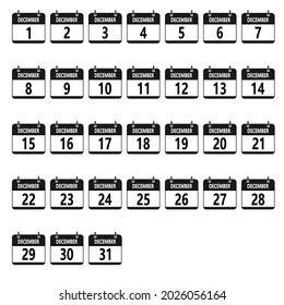 Vector set of flat calendar icons. December from the 1st to the 31st