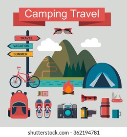  vector set of flat camping touristic icons