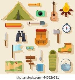 vector set of flat camping touristic icons.Camping vector set with bonfire, tourist tent,  guitar 