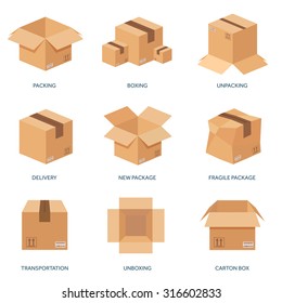 Vector set. Flat carton box. Delivery and packaging. Transportation, shipping.