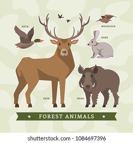 Vector set of flat cartoon forest animals for hunting with deer, boar, hare, duck and woodcock.