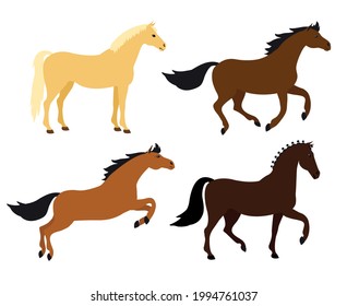 Vector set of flat cartoon hand drawn horse isolated on white background