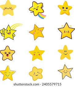 Vector Set Flat Cartoon Star with Smiling Face