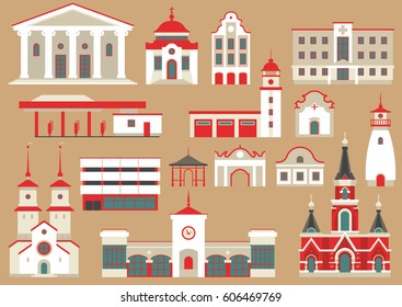 Vector set of flat city buildings to create and generate tourist map. Red and white different public and residential houses on beige background.
