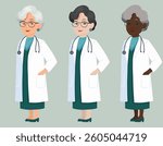 Vector set of flat clip arts of old women doctor professional different nationalities. Collection of woman pharmacist. Researcher in laboratory. Illustration for articles about professions
