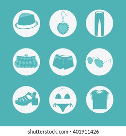 vector set flat clothing, shoes, sandals, hat, earrings, glasses, klachi, shorts, pants, T-shirt, swimsuit