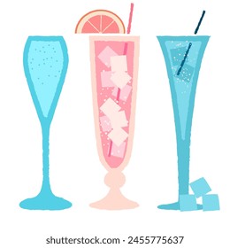 Vector set of flat cocktail glasses. Blue champagne for events. Pink cocktail with grapefruit. Cold drinks for the bar. Carbonated drinks. Illustration with texture. Alcohol liquid in wine glass