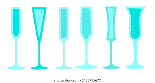 Vector set of flat cocktail glasses. Assorted champagne glasses in blue. Blue champagne for events. Cold drinks for the bar. Carbonated drinks. Illustration with texture. Alcohol liquid in wine glass