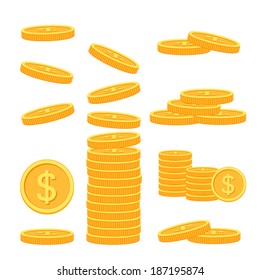 Vector set of flat coins isolated on white. Flat coins stack. Money icons.