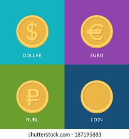 Vector Set Of Flat Coins On Colorfull Background. Flat Vector Euro, Dollar, Ruble Coins & Your Design Coin. Flat Coins For Exchange Concept.