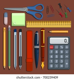 Vector Set of Flat Color Stationery Supplies for School and Business on Brown Background