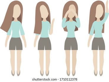 Vector set of flat colored sportive standing girl in blue shirt, brown shorts and hair, isolated on white background