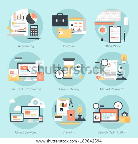 Vector set of flat and colorful concepts on business and finance, electronic commerce, marketing, office, branding, cloud services and SEO theme . Design elements for web and mobile applications.