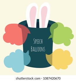 Vector set of flat colorful speech bubble with rabbit ears stick out of the magic hat. Balloons for text