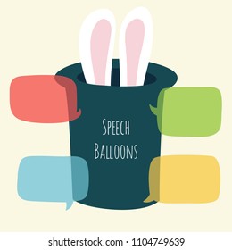 Vector set of flat colorful speech bubble with rabbit ears stick out of the magic hat. Balloons for text