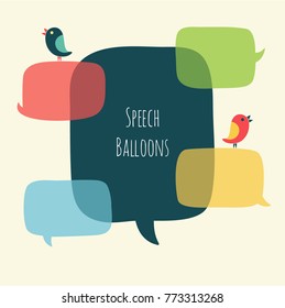 Vector set of flat colorful speech bubble with bird. Balloons for text