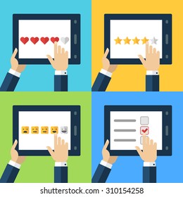 Vector set of flat computer icons. Concept for customer service, support, review, feedback. Man's hand holding tablet and placing rating. Internet technology illustration.