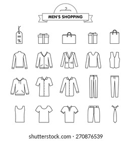 Vector set with flat contour icons on men's shopping theme