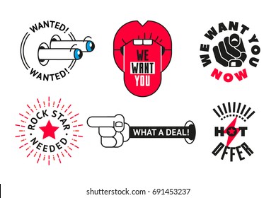 Vector Set Of Flat Cool Vacancy Job Stamps, Tags. Text ROCK STAR NEEDED, WANTED! WANTED! And Cartoon Eyes, Text WE WANT YOU And Mouth: Lips With Tongue, Hand Icon With The Finger Pointing Towards You