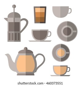 Vector set with flat cups, teapot, french press etc.