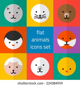 Vector set of flat cute animals icons