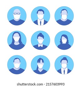 Vector Set of Flat Design Avatars in Circles Isolated on White Background, Design Elements Collection Different People Faces Wearing Masks Virus Protection Safety Concept Blue Colour.