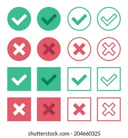 Vector Set of Flat Design Check Marks Icons. 8 Different Variations of Ticks and Crosses Represents Confirmation,  Right and Wrong Choices, Task Completion, Voting, etc. Isolated on White Background.