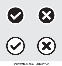 Vector Set of Flat Design Check Marks Icons. Different Variations of Ticks and Crosses Represents Confirmation, Right and Wrong Choices, Task Completion, Voting.
