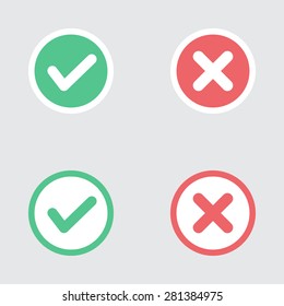 Vector Set of Flat Design Check Marks Icons. Different Variations of Ticks and Crosses Represents Confirmation, Right and Wrong Choices, Task Completion, Voting.