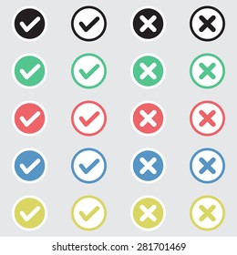 Vector Set of Flat Design Check Marks Icons. Different Variations of Ticks and Crosses Represents Confirmation, Right and Wrong Choices, Task Completion, Voting.