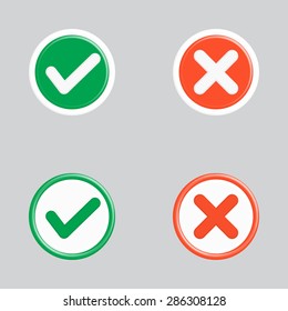 Vector Set of Flat Design Check Marks Icons. Different Variations of Ticks and Crosses Represents Confirmation, Right and Wrong Choices, Task Completion, Voting.