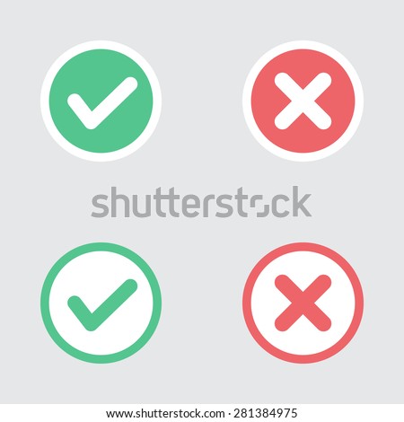 Vector Set of Flat Design Check Marks Icons. Different Variations of Ticks and Crosses Represents Confirmation, Right and Wrong Choices, Task Completion, Voting.