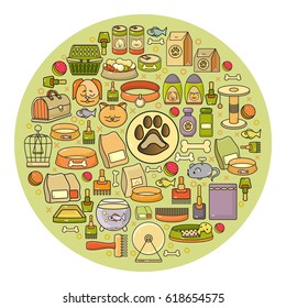 Vector set of flat design cute colorful pet icon isolated on light circle background.