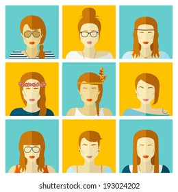 Vector set flat design icons. Stylish handsome hipster girls in modern and creative style. Website avatar symbols. Woman web media icons collection.