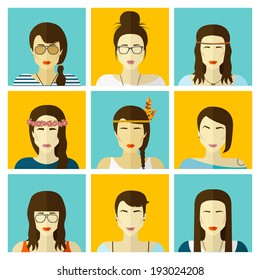Vector set flat design icons. Stylish handsome hipster girls in modern and creative style. Website avatar symbols. Woman web media icons collection.