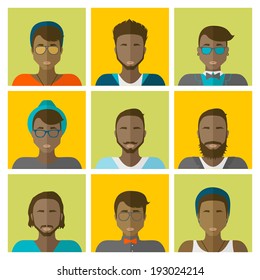 Vector set flat design icons. Stylish handsome hipster boys in modern and creative style. Website avatar symbols. Woman web media icons collection.