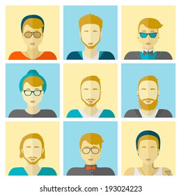 Vector set flat design icons. Stylish handsome hipster boys in modern and creative style. Website avatar symbols. Woman web media icons collection.